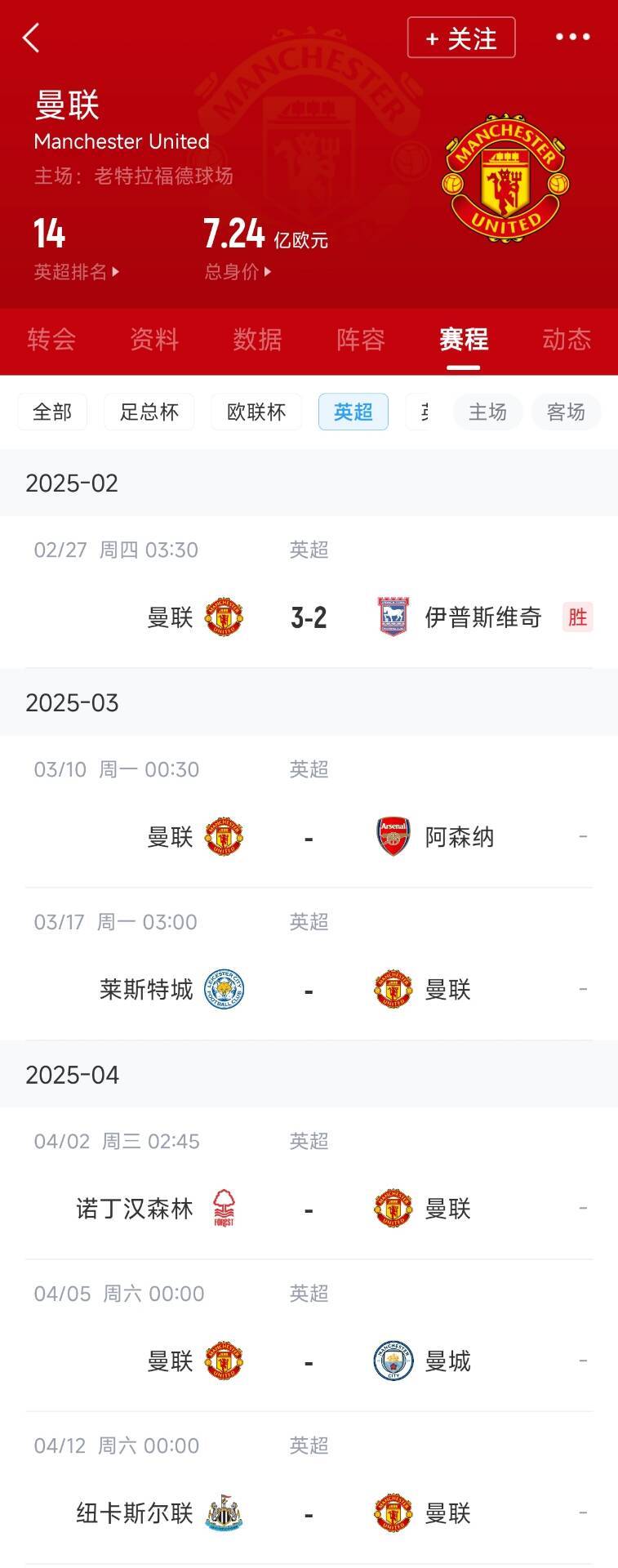 藍狐救一下？曼聯(lián)未來5輪將遭遇英超2/3/4/6名：槍手森林曼城紐卡