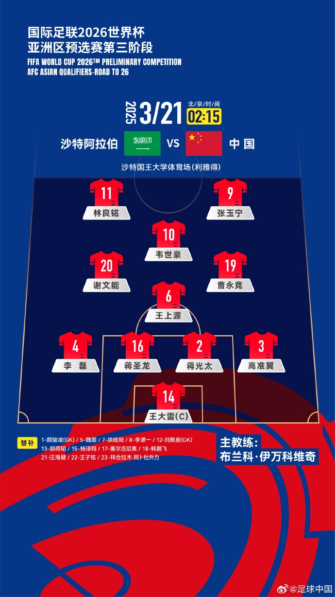 國足vs沙特官方陣型圖：菱形中場442，張玉寧、林良銘雙前鋒
